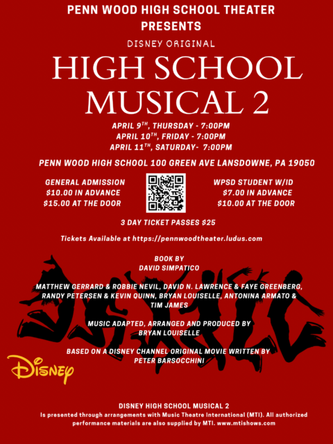 A red promotional flyer for "High School Musical 2" presented by Penn Wood High School Theater. The production runs from April 9th to April 11th at 7:00 PM at 100 Green Ave, Lansdowne, PA. General admission is $10.00 in advance or $15.00 at the door; students with ID pay $7.00 in advance or $10.00 at the door. A QR code is provided for tickets. The bottom of the flyer features black silhouettes of teenagers jumping and dancing against the red background.