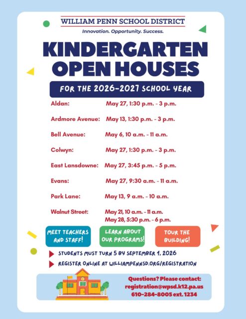 A promotional flyer for the William Penn School District Kindergarten Open Houses for the 2026–2027 school year. The header features the district logo and the slogan "Innovation. Opportunity. Success." The main text lists eight open house events scheduled throughout May 2026 at various elementary schools, including Aldan, Ardmore Avenue, Bell Avenue, Colwyn, Evans, Park Lane, and Walnut Street. Three colorful boxes highlight that attendees can meet teachers, learn about programs, and tour the buildings. The bottom of the flyer notes that students must turn five by September 1, 2026, and provides registration details via williampennsd.org/registration, the email registration@wpsd.k12.pa.us, and the phone number 610-284-8005 ext. 1234. A small illustration of a school building is also included.