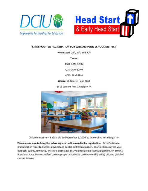 Flyer for William Penn School District Kindergarten Registration hosted by DCIU Head Start and Early Head Start. The event takes place on April 28 from 9 AM to 12 PM, April 29 from 9 AM to 12 PM, and April 30 from 1 PM to 4 PM. The location is St. George Head Start at 15 Lamont Ave, Glenolden, PA. To be enrolled in kindergarten, children must turn 5 years old by September 1, 2026. Required registration documents include a birth certificate, immunization records, current physical and dental records, settlement papers, and court orders. Applicants must also provide a current year tax bill, a valid residential lease agreement, or a PA driver’s license or State ID reflecting the current property address. A current monthly utility bill and proof of current income are also required.