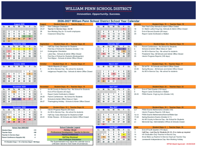 2026-2027 William Penn School District calendar showing 172 student days, 188 teacher days; full schedule in linked text below.