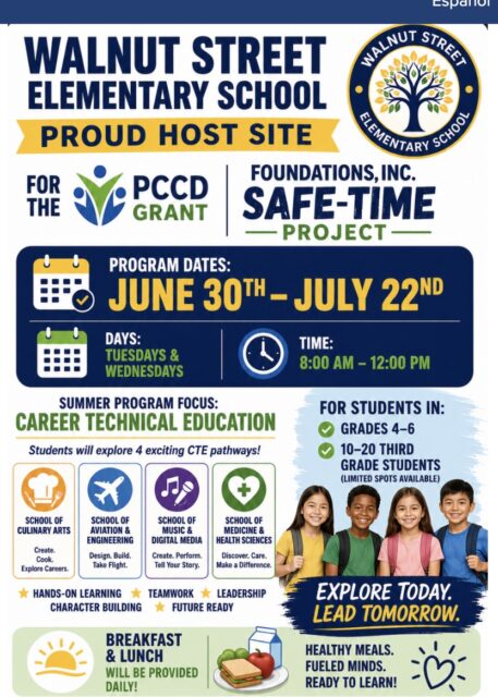 An informational flyer for Walnut Street Elementary School announcing its role as a proud host site for the Foundations, Inc. Safe-Time Project, funded for the PCCD Grant. The program runs from June 30th to July 22nd on Tuesdays & Wednesdays from 8:00 a.m. to 12:00 p.m..

The summer program focus is Career Technical Education, where students will explore four exciting CTE pathways. The School of Culinary Arts focuses on creating, cooking, and exploring careers. The School of Aviation & Engineering focuses on designing, building, and taking flight. The School of Music & Digital Media focuses on creating, performing, and telling your story. The School of Medicine & Health Sciences focuses on discovering, caring, and making a difference. The core focus areas include hands-on learning, teamwork, leadership, character building, and being future ready.

The program is for students in grades 4 to 6, as well as 10 to 20 third grade students, with limited spots available. Graphic text on the flyer reads, "Explore Today. Lead Tomorrow." A banner at the bottom indicates that breakfast & lunch will be provided daily, highlighting healthy meals, fueled minds, and being ready to learn. Visual elements include the school's circular tree logo, career pathway icons, an illustration of four diverse smiling students, and food and sun graphics.