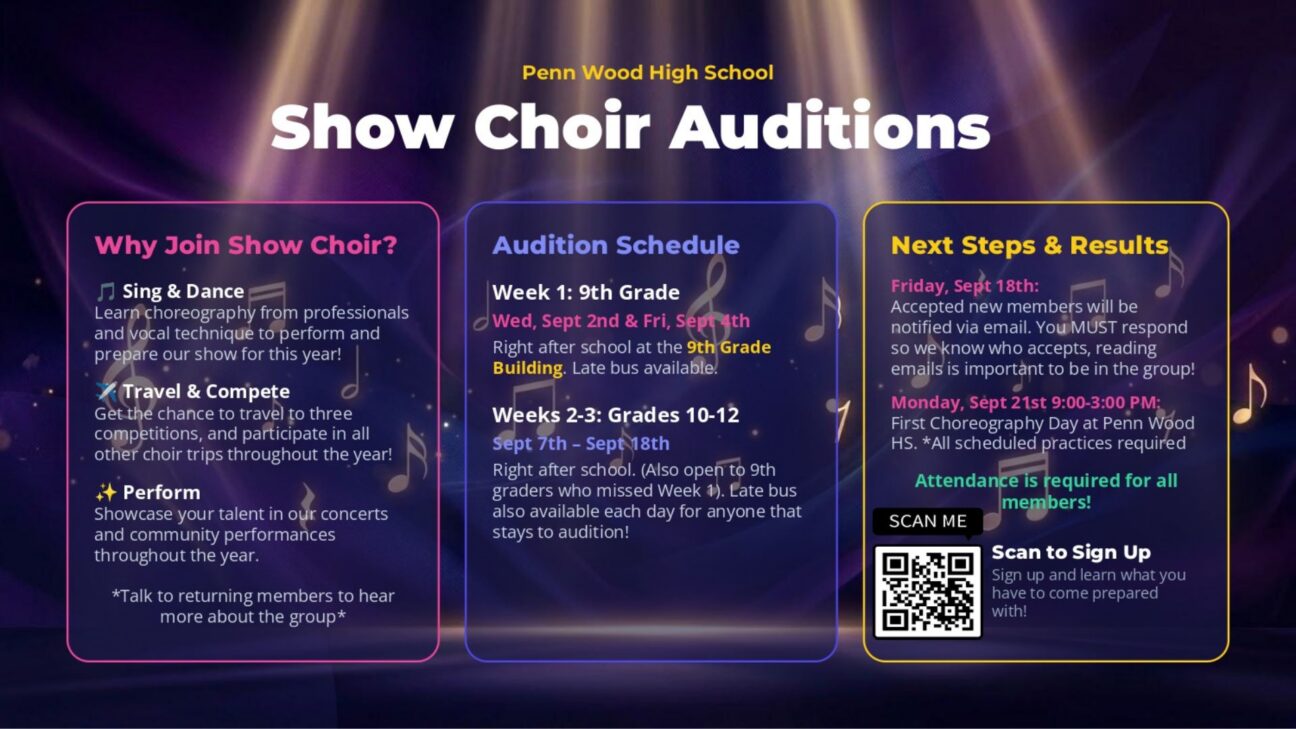 Flyer: Penn Wood High School Show Choir Auditions. Three sections: Why Join Show Choir – sing and dance, travel and compete, and perform at concerts and community events. Audition Schedule – 9th grade auditions Wednesday, September 2nd and Friday, September 4th at the 9th Grade Building; grades 10-12 auditions September 7th through September 18th, both after school with late bus available. Next Steps and Results – accepted members notified by email Friday, September 18th and must respond; first choreography day Monday, September 21st, 9:00 AM to 3:00 PM at Penn Wood High School; attendance required for all members. Includes a QR code to sign up.