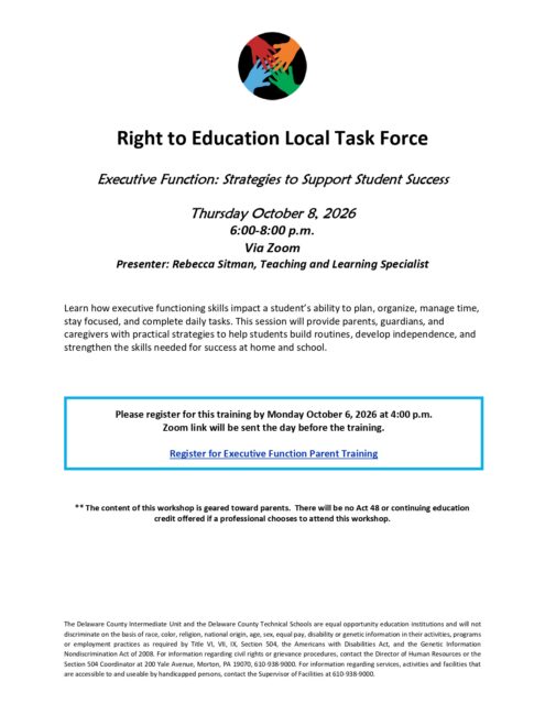 Flyer for the Right to Education Local Task Force virtual workshop titled Executive Function: Strategies to Support Student Success, taking place Thursday, October 8, 2026, from 6:00 p.m. to 8:00 p.m. via Zoom.